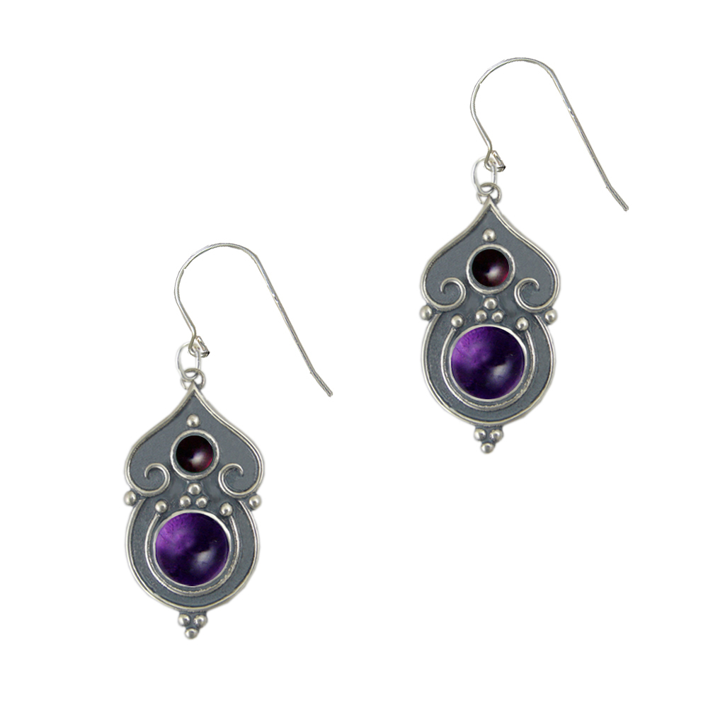 Sterling Silver Gothic Inspired Drop Dangle Earrings With Amethyst And Garnet